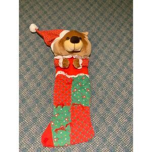 Plush Bear Christmas Stocking with Santa Hat Holiday Decor Red and Green Pattern